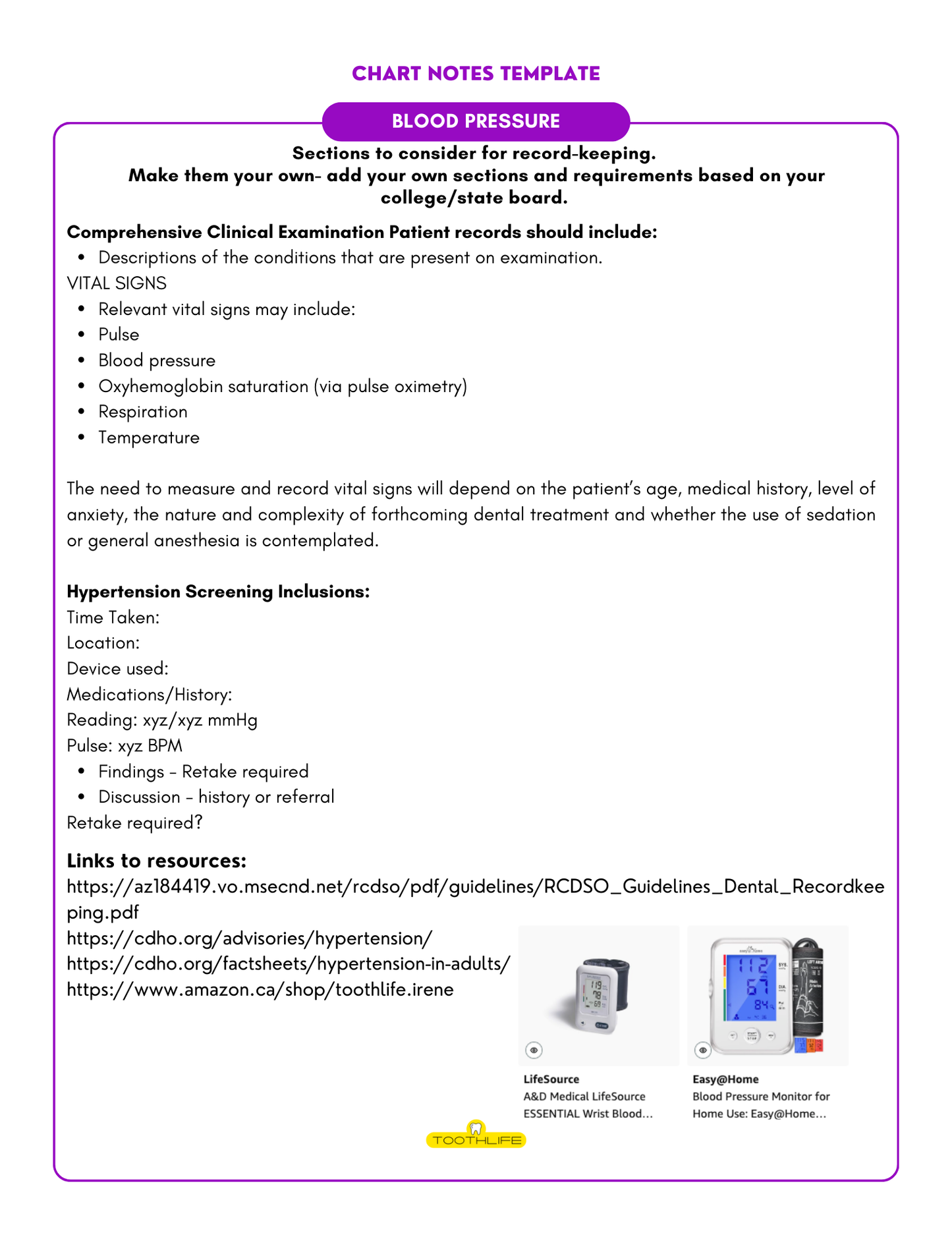 Vitals/BP Chart Notes Template